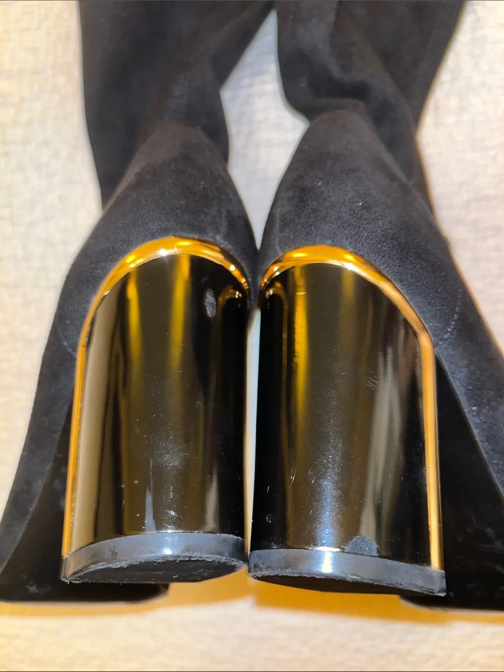 Guess Black Over-the-Knee Suede Boots with Gold Accent Heel